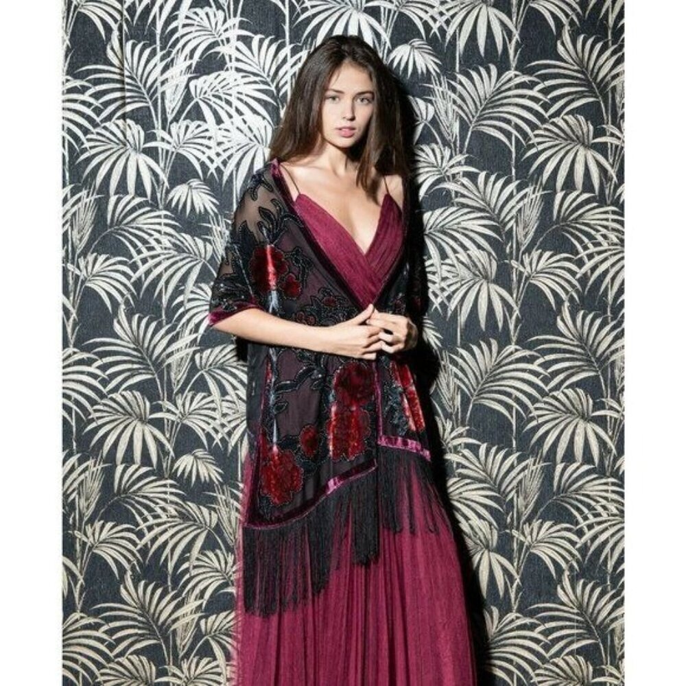 INC Sparkle Floral Embroidered Sheer Velvet Black Shawl Wrap Scarf Fringe Trim